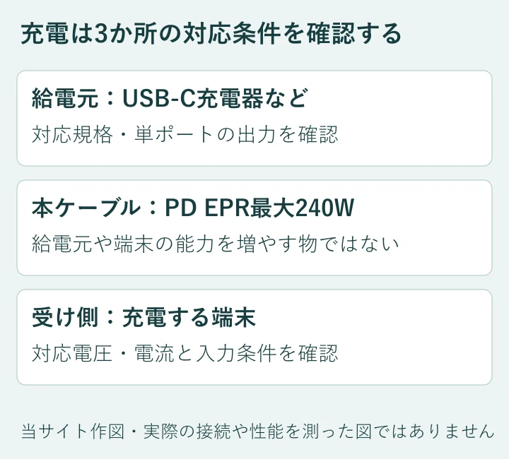 給電元・ケーブル・端末の確認箇所を整理した独自概念図。実際の電力測定ではありません。