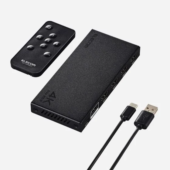 DH-SW4KB41BK本体・リモコンと付属給電ケーブルの公式写真。HDMIケーブルとACアダプターは別途必要。