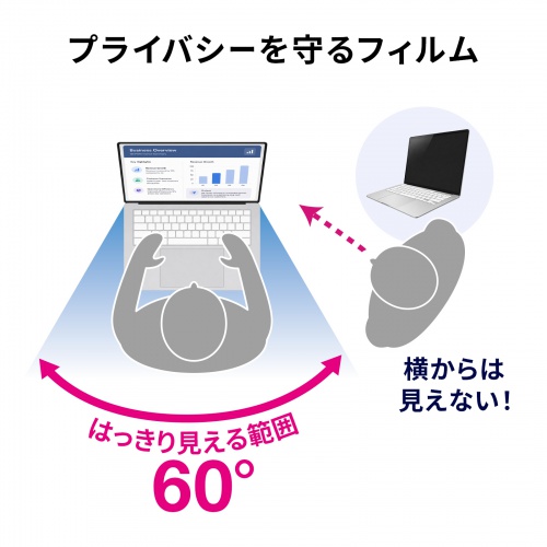 左右方向の視野角約60度を示すメーカー図。正面から見える範囲の説明です。