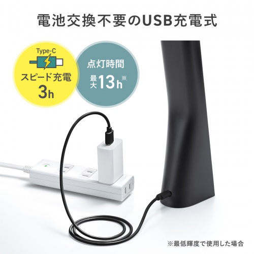 USB充電と点灯時間のメーカー案内。約13時間は最小輝度時です。