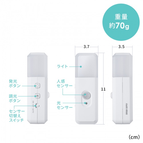 約37×35×110mm、約70gと各部の名称を示すメーカー図。