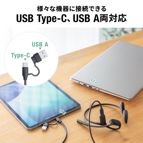 USB-CとUSB-Aの接続例。付属ケーブルの変換アダプタを使います。