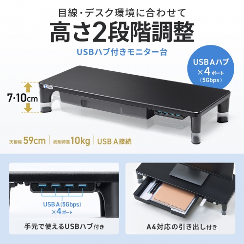 高さ2段階とUSBハブ、引き出しを示すメーカー画像。