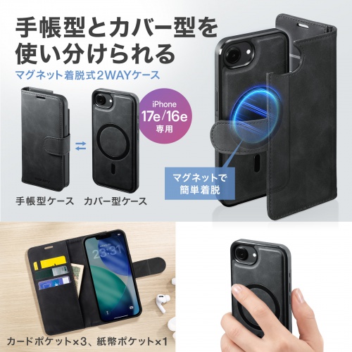 手帳型と背面カバー型を使い分けるメーカー紹介図。