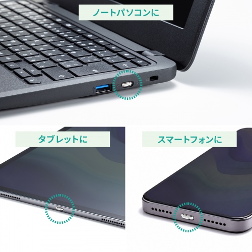 USB-Cポートを備えるノートPC・タブレット・スマートフォンのメーカー装着例。個々の機種への実装検証ではない。