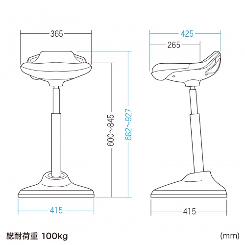 当該型番の寸法図。座面高さ600〜845mmと、本体全高682〜927mmは別の寸法です。