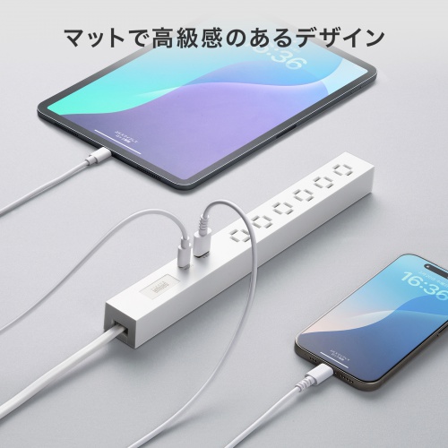 対象の白い本体のメーカー使用例。USB-A・USB-CとAC機器を接続した場面。