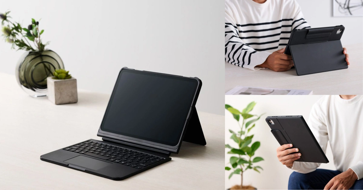 TouchBook Smartを装着したiPad、閉じたケース、持ち運ぶ状態