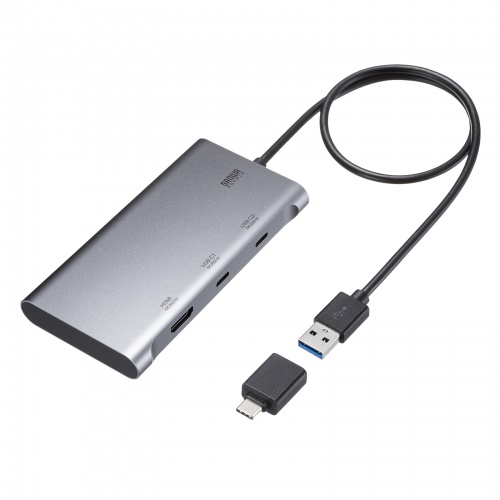 USB-CVU3HD9の本体、一体型USB-Aケーブルと付属USB-C変換アダプタ。