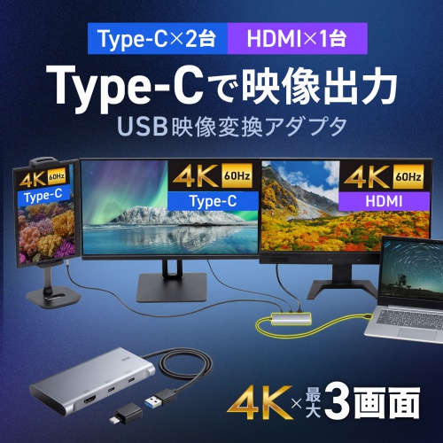 HDMI1口とUSB-C映像2口から3画面へ出力するメーカー説明図。
