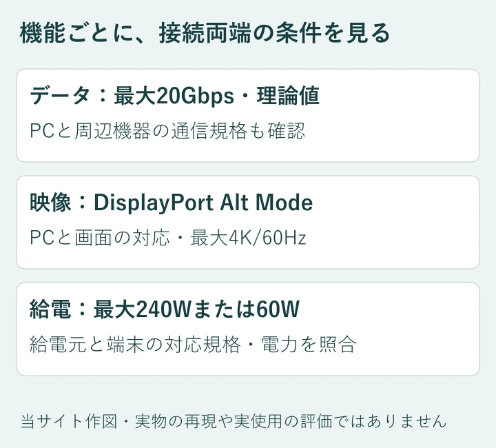 通信・映像・給電の確認箇所を分けた独自概念図。実機での速度や解像度を測った図ではありません。
